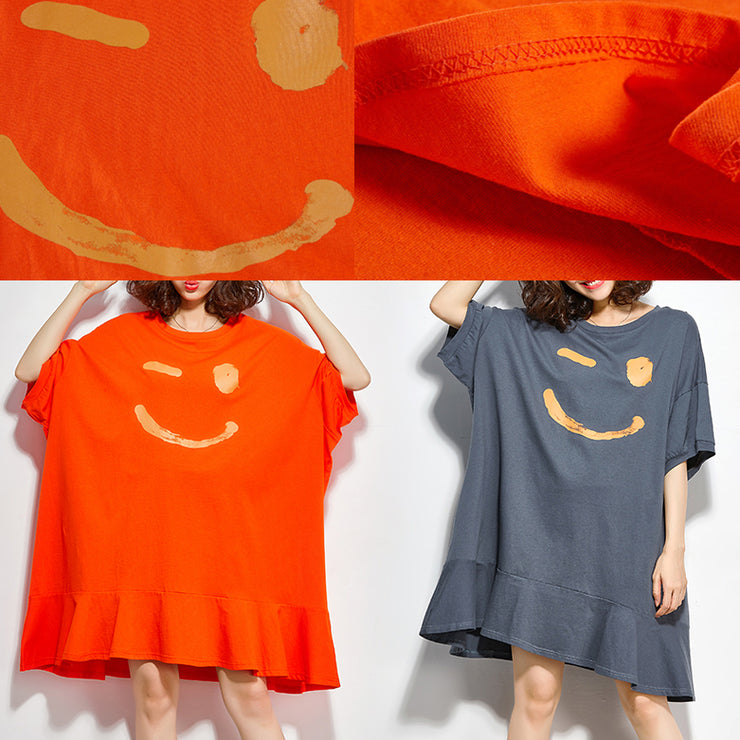 Frauen orange Baumwollkleider Tailliertes Nähen O-Ausschnitt Halbarm Knie Sommerkleid