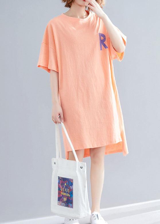 Women orange print linen Wardrobes o neck side open cotton summer Dress - SooLinen