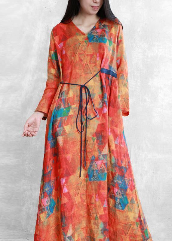 Women orange print linen clothes v neck tunic long summer Dresses - SooLinen