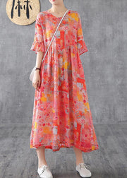 Women orange print linen dress o neck Petal Sleeve Robe summer Dress - SooLinen