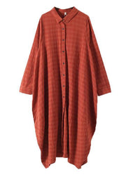 Women orange red dresses lapel Button Down Maxi fall Dress - SooLinen