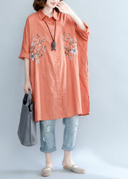 Women orange red linen crane tops Plus Size Tutorials lapel embroidery Summer shirt