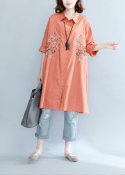 Women orange red linen crane tops Plus Size Tutorials lapel embroidery Summer shirt