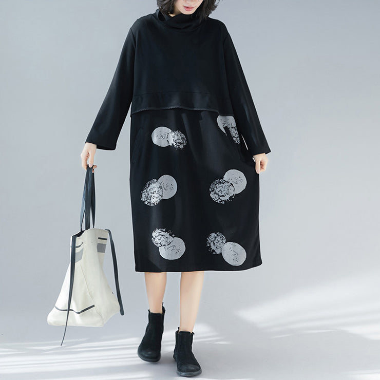 Frauen-Patchwork-Baumwolltuniken für Frauen Korea entwerfen schwarze Kleider in Übergröße