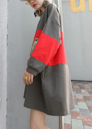 Women patchwork cotton box top Tunic Tops gray top fall - SooLinen