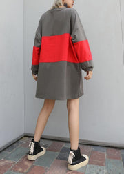 Women patchwork cotton box top Tunic Tops gray top fall - SooLinen
