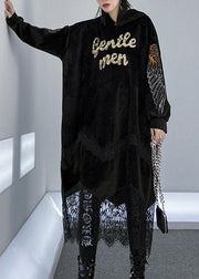 Women patchwork lace alphabet pattern Catwalk black hooded Maxi Dress - SooLinen