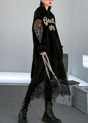 Women patchwork lace alphabet pattern Catwalk black hooded Maxi Dress - SooLinen