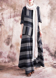 Women patchwork linen clothes Sewing gray striped Dress fall - SooLinen