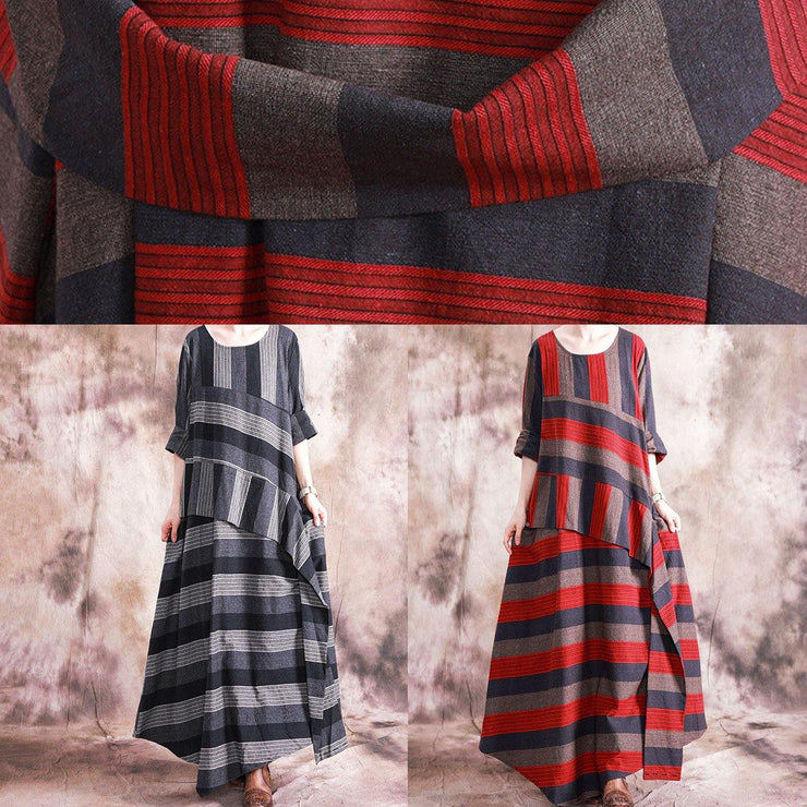 Women patchwork linen clothes Sewing gray striped Dress fall - SooLinen