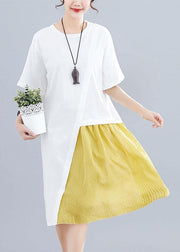 Women patchwork o neck linen dresses Sewing white Dresses summer - SooLinen