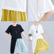 Women patchwork o neck linen dresses Sewing white Dresses summer - SooLinen