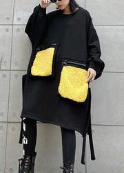 Women patchwork pockets Cotton side open clothes Women linen black Dress - SooLinen
