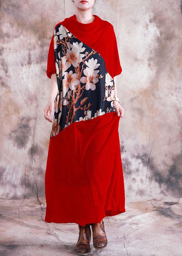Women patchwork prints clothes For Women Neckline red long Dress fall - SooLinen