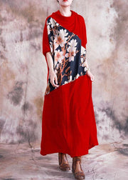 Women patchwork prints clothes For Women Neckline red long Dress fall - SooLinen