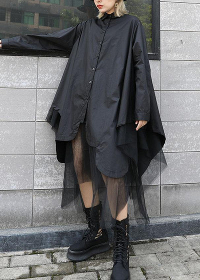 Women patchwork tulle cotton clothes For Women design black top - SooLinen