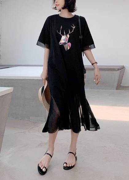 Women patchwork tulle cotton quilting clothes Outfits black prints long Dresses summer - SooLinen
