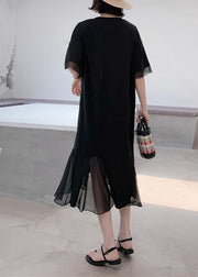 Women patchwork tulle cotton quilting clothes Outfits black prints long Dresses summer - SooLinen