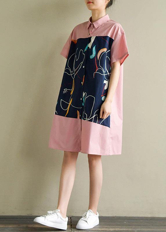 Women pink Cotton quilting clothes lapel patchwork Knee summer Dress - SooLinen