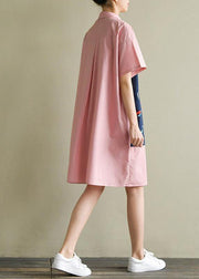 Women pink Cotton quilting clothes lapel patchwork Knee summer Dress - SooLinen