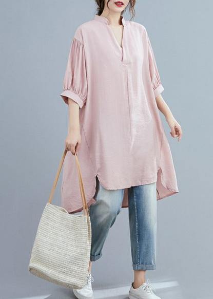 Women pink clothes v neck lantern sleeve Art summer top - SooLinen