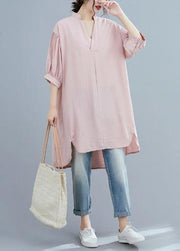 Women pink clothes v neck lantern sleeve Art summer top - SooLinen