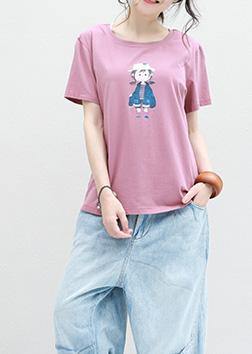 Women pink cotton crane tops prints tunic summer shirts - SooLinen