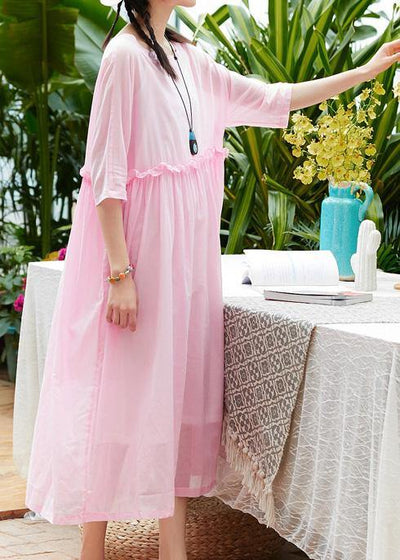 Women pink cotton linen Robes o neck patchwork A Line summer Dresses - SooLinen