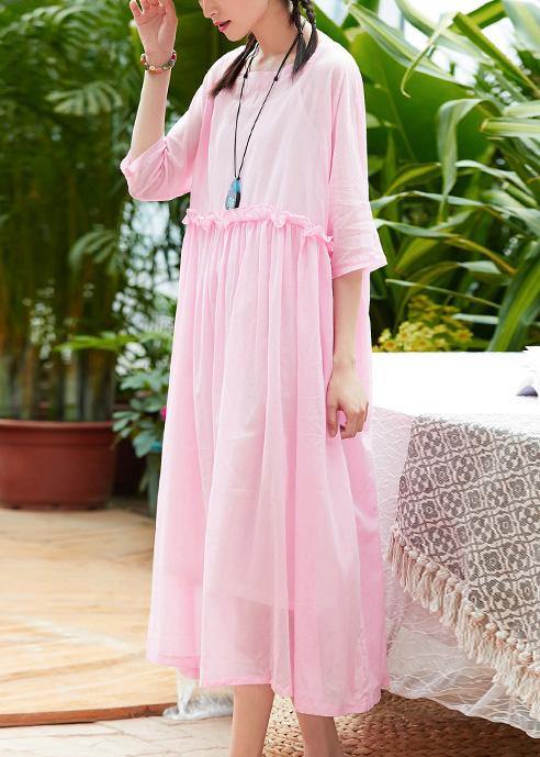 Women pink cotton linen Robes o neck patchwork A Line summer Dresses - SooLinen
