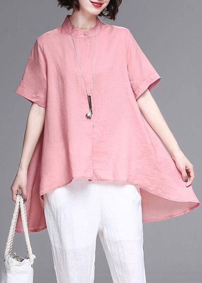 Women pink cotton linen clothes Work stand collar asymmetric summer tops - SooLinen