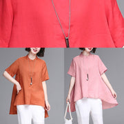 Women pink cotton linen clothes Work stand collar asymmetric summer tops - SooLinen