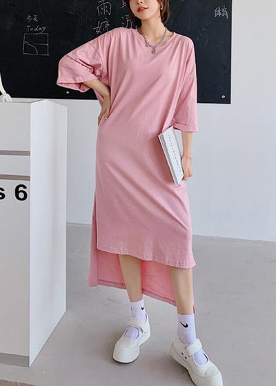 Women pink dress o neck low high design Dresses summer Dress - SooLinen