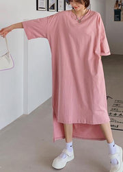 Women pink dress o neck low high design Dresses summer Dress - SooLinen