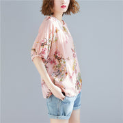 Women pink floral linen top silhouette Plus Size Outfits o neck Cinched tops