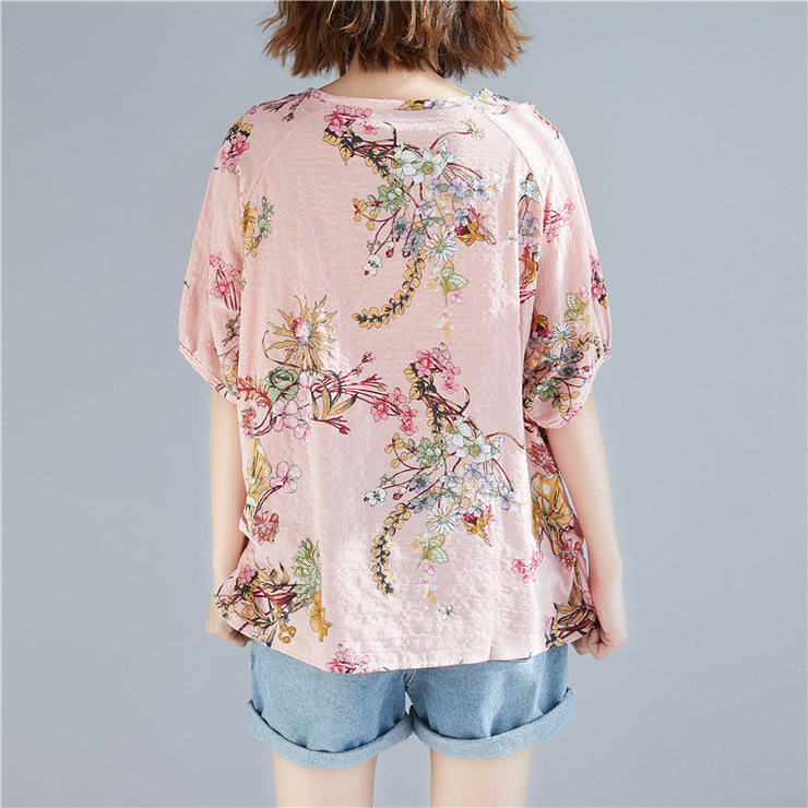 Women pink floral linen top silhouette Plus Size Outfits o neck Cinched tops