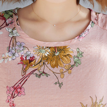 Frauen rosa Blumen-Leinen-Top-Silhouette Plus Size Outfits O Hals Cinched Tops