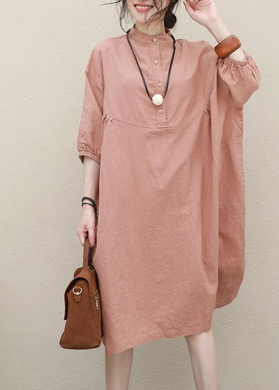 Women pink linen Robes stand collar Batwing Sleeve loose summer Dresses - SooLinen