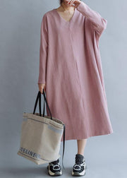Women pink linen cotton outfit v neck Traveling fall Dresses - SooLinen