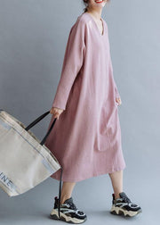 Women pink linen cotton outfit v neck Traveling fall Dresses - SooLinen