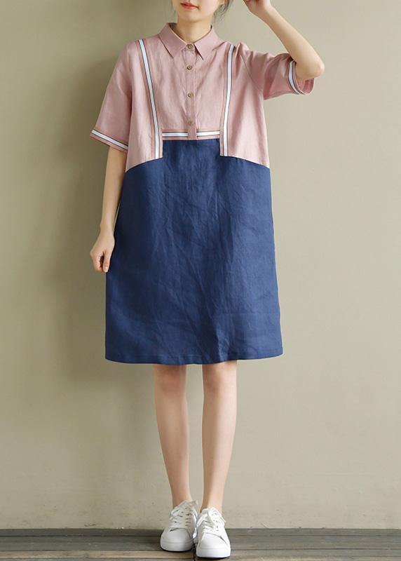 Women pink patchwork blue linen Robes lapel shift summer Dress - SooLinen
