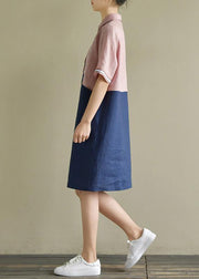 Women pink patchwork blue linen Robes lapel shift summer Dress - SooLinen