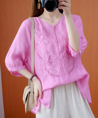 Women pink shirts v neck embroidery oversized summer shirts - SooLinen