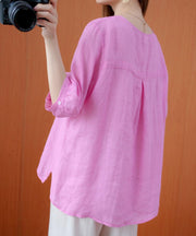 Women pink shirts v neck embroidery oversized summer shirts - SooLinen