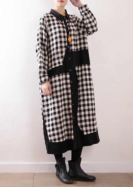 Women plaid cotton clothes For Women lapel collar Art autumn shirt dress - SooLinen