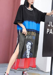 Women prints Cotton tunics for women pattern black patchwork Dresses summer - SooLinen