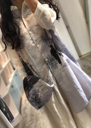 Women prints linen Robes lapel collar short fall shirt Dresses - SooLinen