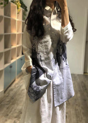 Women prints linen Robes lapel collar short fall shirt Dresses - SooLinen