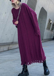 Women purple Sweater dresses Refashion cable Largo tassel sweater dress - SooLinen