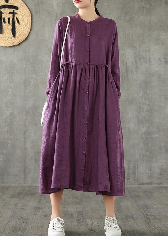 Women purple linen Wardrobes Cinched pockets cotton spring Dress - SooLinen