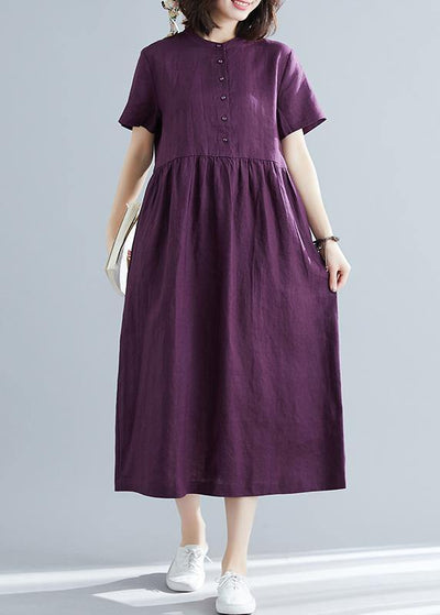 Women purple linen cotton clothes For Women plus size Fashion Ideas o neck large hem Maxi Summer Dresses - SooLinen